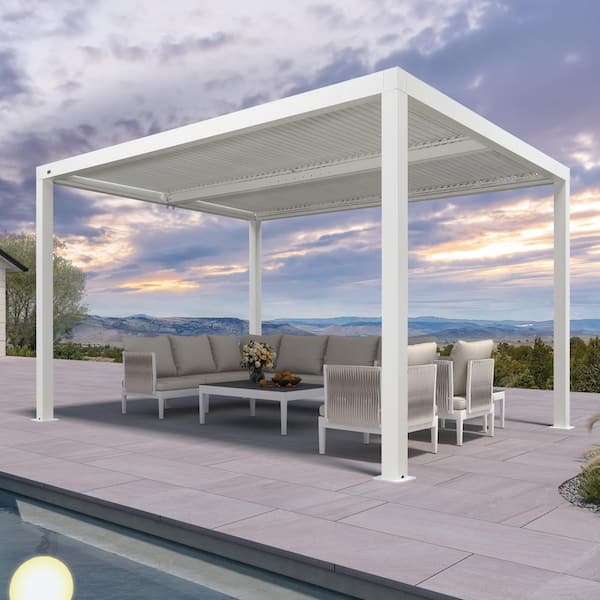 PURPLE LEAF 10 ft. x 13 ft. White Aluminum Frame Outdoor Patio Louvered Pergola Gazebo with Adjustable Sunshade Rainproof Roof
