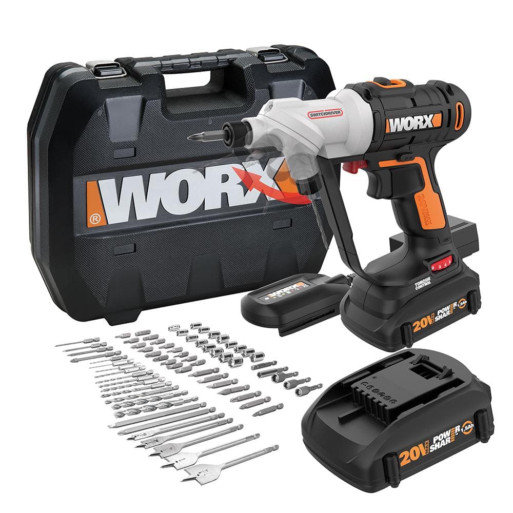 Worx Nitro 20V SwitchDriver 2.0, 2-in-1 Brushless Cordless Drill Driver,  Drill Set Rotatable Dual 1/4 Chucks, Compact Cordless Drill with Digital