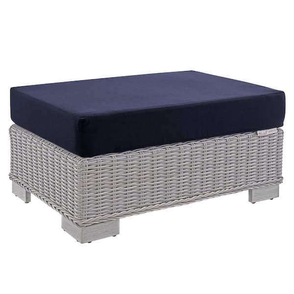 Conway Outdoor Patio Wicker Rattan Ottoman in Light Gray Navy with Sunbrella Cushions