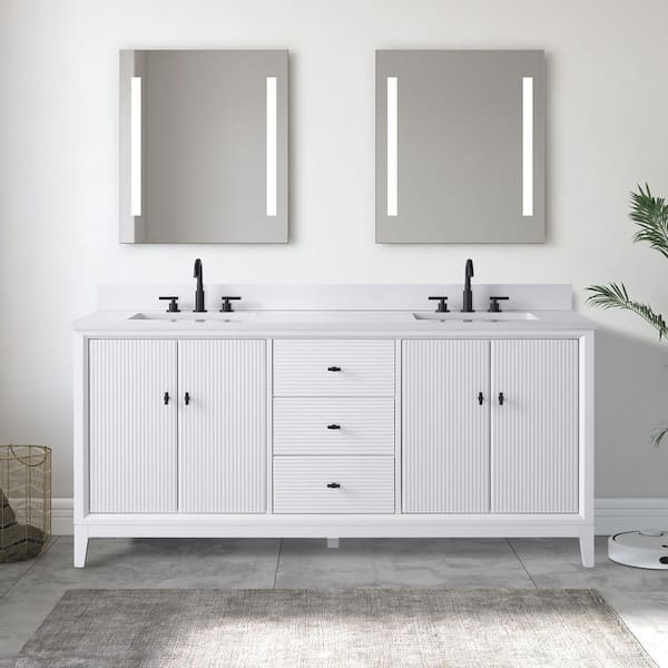 Vanity Art 72 in. W x 22 in. D Double Sink Freestanding White Bath Vanity Cabinet with White Engineered Marble Top