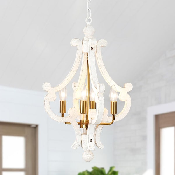 LWYTJO Eron 4-Light Gold Orb Farmhouse Chandelier Rustic Antique Wooden White Shade French Country Kitchen Island Pendant