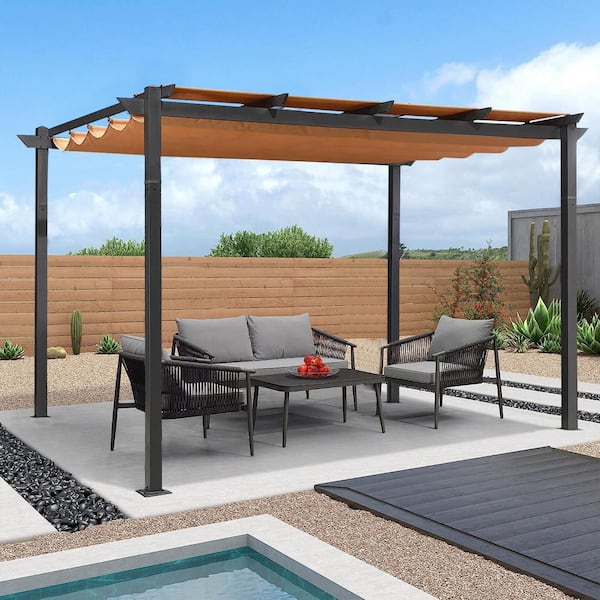 13 ft. x 10 ft. Outdoor Aluminum Pergola with Brown Retractable Shade Canopy for PatioGarden Backyard