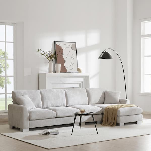 Harper & Bright Designs 119 in. Round Arm L-Shape Chenille Sectional Sofa in. Light Gray with Chaise, 2 Free pillows, Aluminum Legs