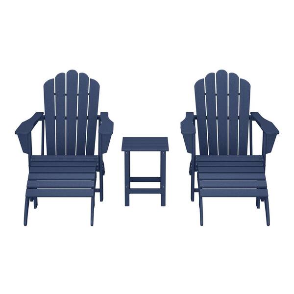 Aderson Navy Blue 5-Piece Outdoor Plastic Adirondack Chairs w/ Cupholders, Side Table, Ottoman Patio Conversation Set