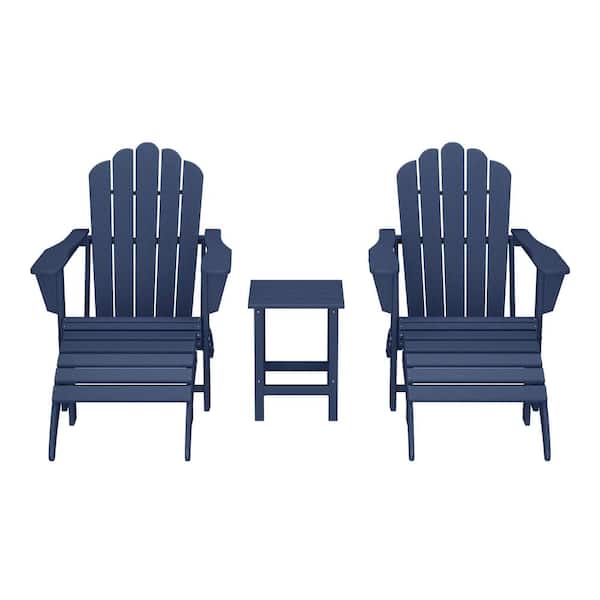 WESTIN OUTDOOR Aderson Navy Blue 5-Piece Outdoor Plastic Adirondack Chairs w/ Cupholders, Side Table, Ottoman Patio Conversation Set