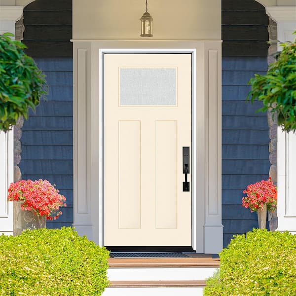 Legacy 36 in. x 80 in. Universal Handing 1/4 Top lite Rain Glass Primed Linen Finish Fiberglass Front Door Slab