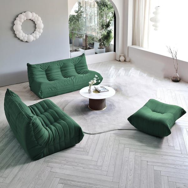 Magic Home 3-Piece Teddy Velvet Comfy Seat Anti-Skip Lazy Sofa Living Room Set in Green (2 Seater + 3 Seater + 4 Seater)