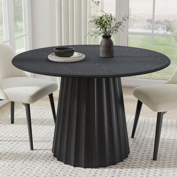 Lirago Round Black Wood 46 in. Column Base Dining Table Seats 4