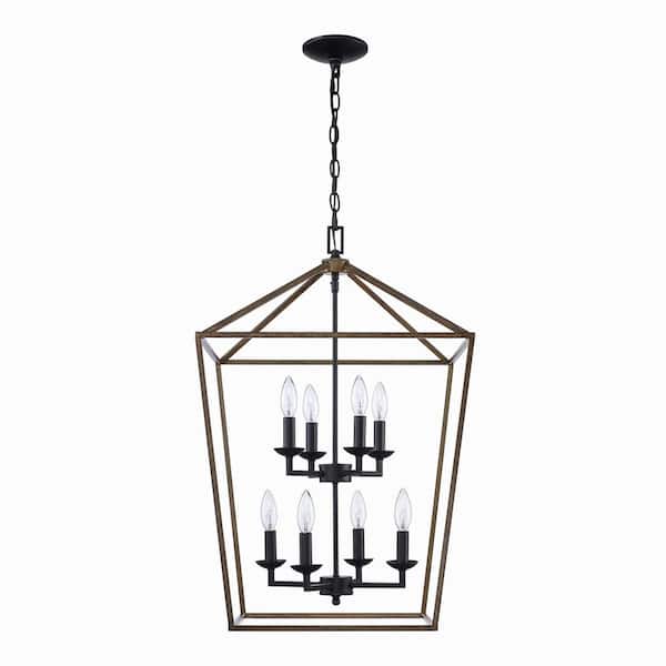 Home Decorators Collection Weyburn 8-Light Black and Faux Wood Caged Farmhouse Dining Room Chandelier, Lantern Kitchen Pendant Lighting