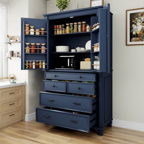77.3 in.Tall Blue Freestanding Large Kitchen Pantry with 6 Door Shelves, 2 Adjustable Shelves and 5 Drawers