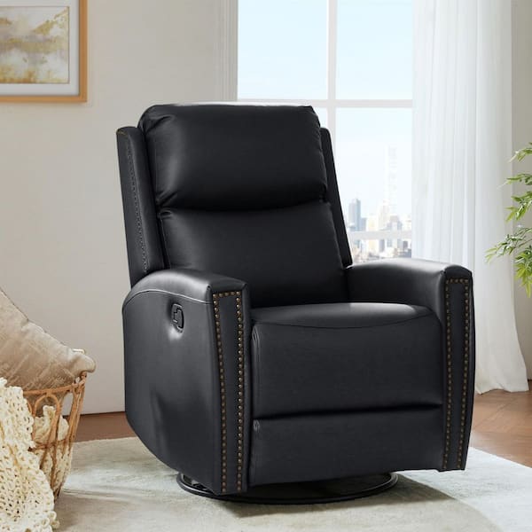ARTFUL LIVING DESIGN Savino Minimalist design 30.31 in. Wide Genuine Leather Swivel Rocker Recliner with Nailhead Trim and Tufted Back -Black