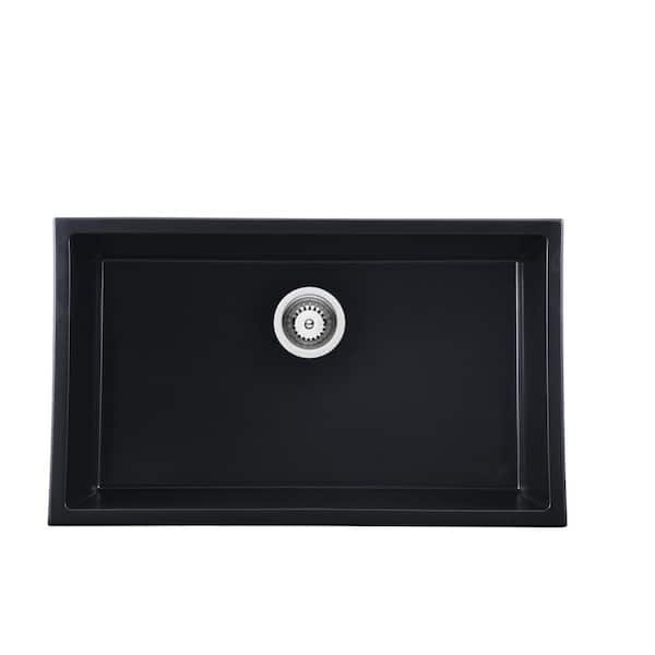 PROOX Matte Black Granite Composite 30 in. Single Bowl Undermount Kitchen Sink with Basket Strainer