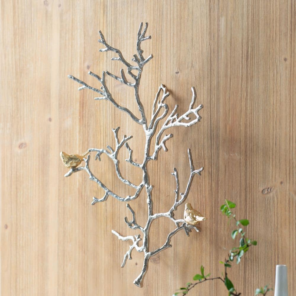 17 in. x 22 in. Silver Branch Wall Sculptures Metal Work with Bird Accents 
