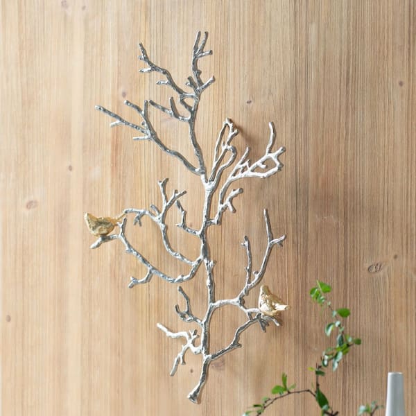 Unbranded 17 in. x 22 in. Silver Branch Wall Sculptures Metal Work with Bird Accents for Living Room, Dining Room, Entryway 2-Pack