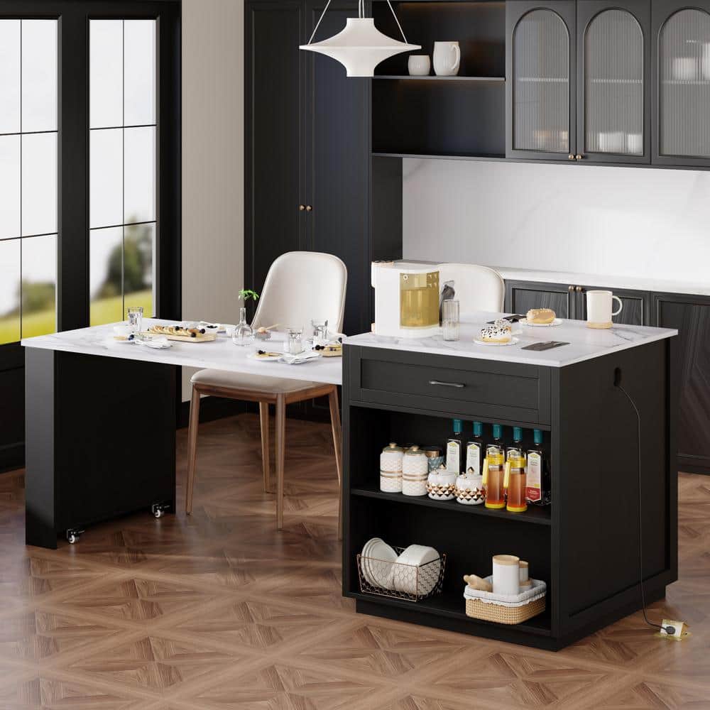 Black Wood 82.7 in. Kitchen Island with Power Outlet and Extendable Dining 