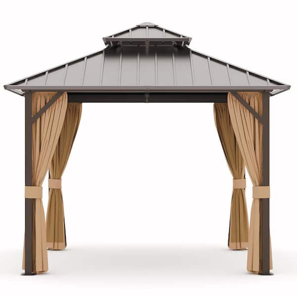10 ft. x 10 ft. Aluminum Outdoor Gazebo with Double Galvanized Steel Roof, Ceiling Hook, Mosquito Netting and Curtains
