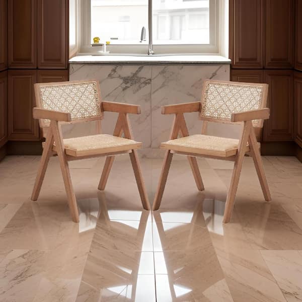 Benjara Brown Rattan Open Style Backrest Dining Armchair (Set of 2)