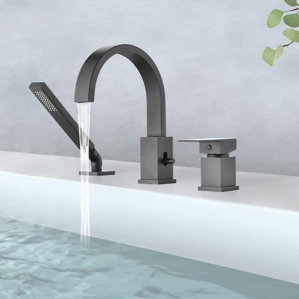 Unbranded Single-Handle Freestanding Tub Faucet Deck Mount Waterfall Faucet with Hand Shower Stainless Steel in. Matte Black