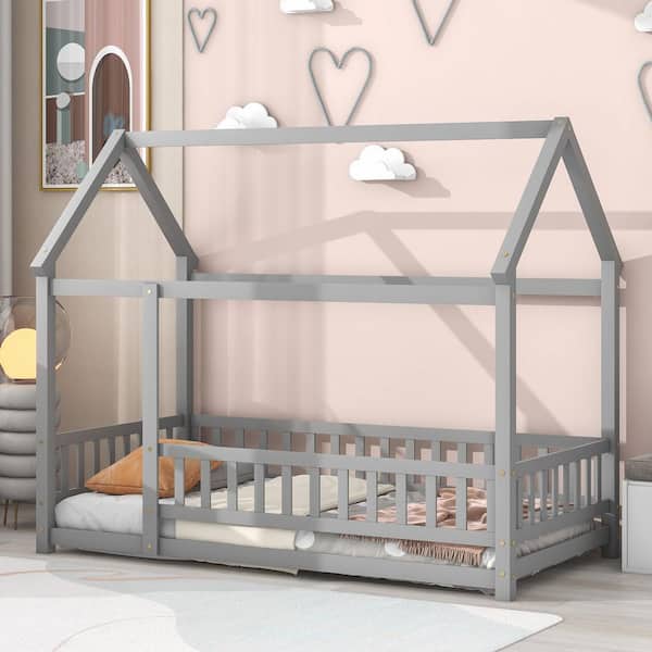 Harper & Bright Designs Gray Twin Size Wooden House Bed with Fence ...