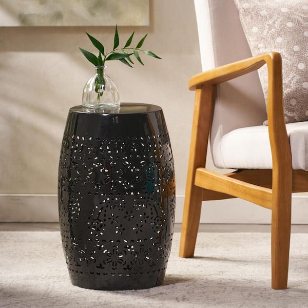 ToolCat 12 in. Black Metal Outdoor Side Table, Round Lace-Cut Iron  display picture 1