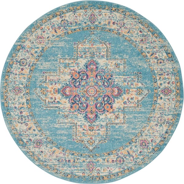 Nourison Passion Light Blue 4 ft. x 4 ft. Persian Modern Transitional Round Area Rug