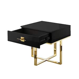Maui 21.7 in. Black/Gold Square Shape Top Material Wood End Table With 1-Drawer