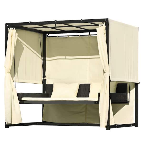 Afoxsos 2-3 People Beige Wicker Outdoor Patio Swing Bed with Adjustable Curtains and Cushion