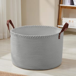 21 in. x 21 in. x 14 in. 100% Cotton Fabric Rope Round Storage Basket with Leather Handles
