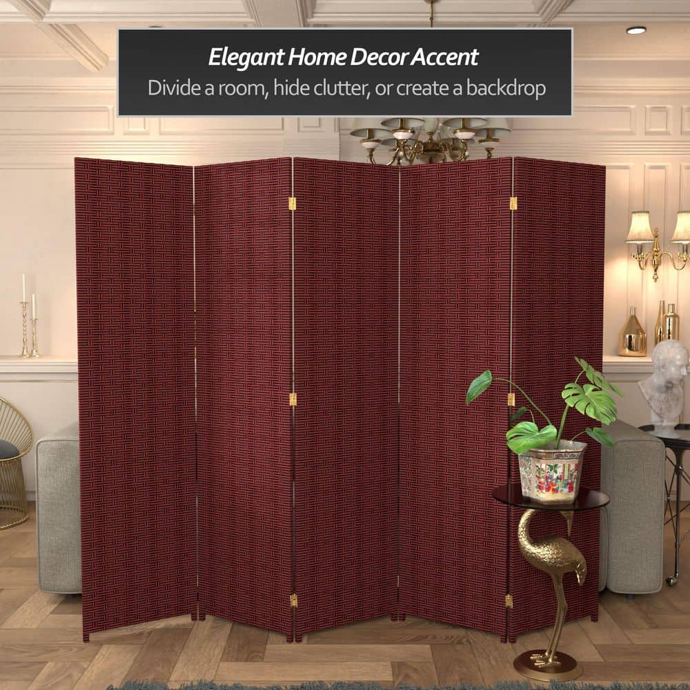 Red and Black Woven Fiber 5-Panel Folding Room Divider