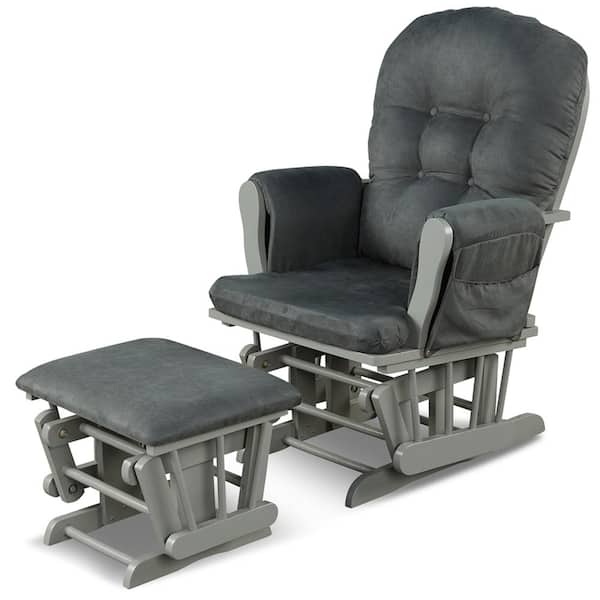 Costway Grey Fabric Glider and Ottoman Cushion Set Wood Baby Nursery Rocking Chair Dark