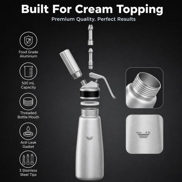 Wudkey Silver Whipped Cream Dispenser, 500ml Aluminum Cream