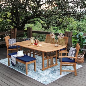 Caterina 6-Piece Teak Wood Outdoor Dining Set with Navy Cushion