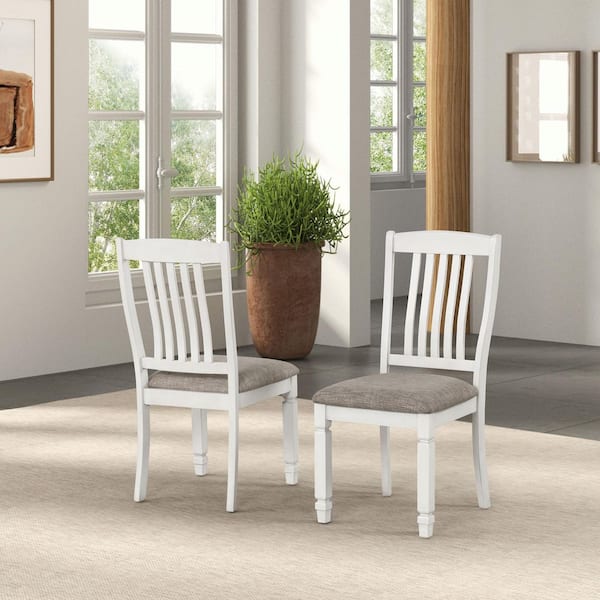 Helda Rustic White and Gray Fabric Upholstered Dining Chairs with Slat Back (Set of 2)