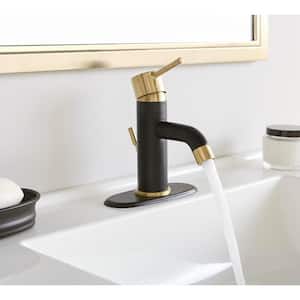Modern Single-Handle Single-Hole Low-Arc Bathroom Faucet in 2 Toned Matte Gold and Matte Black