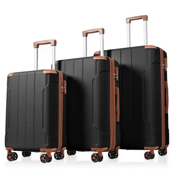 Black and Brown 3-Piece ABS Hardshell Double Spinner Luggage Set with Reinforced Corner Bumpers