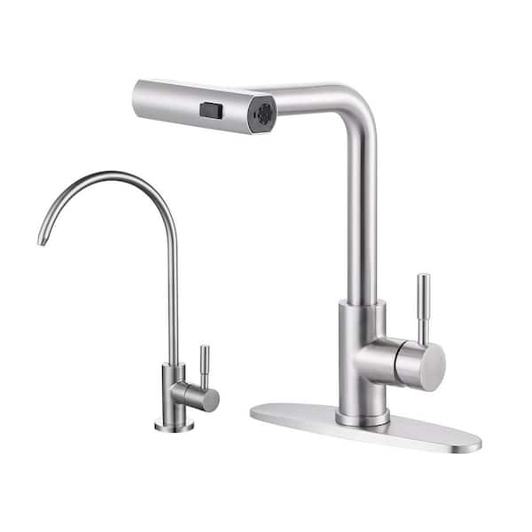 15.7 in Single Handle360 Degree Spout Swivel Pull Out Sprayer Kitchen Faucet with Water Filter Faucet in Brushed Nickel