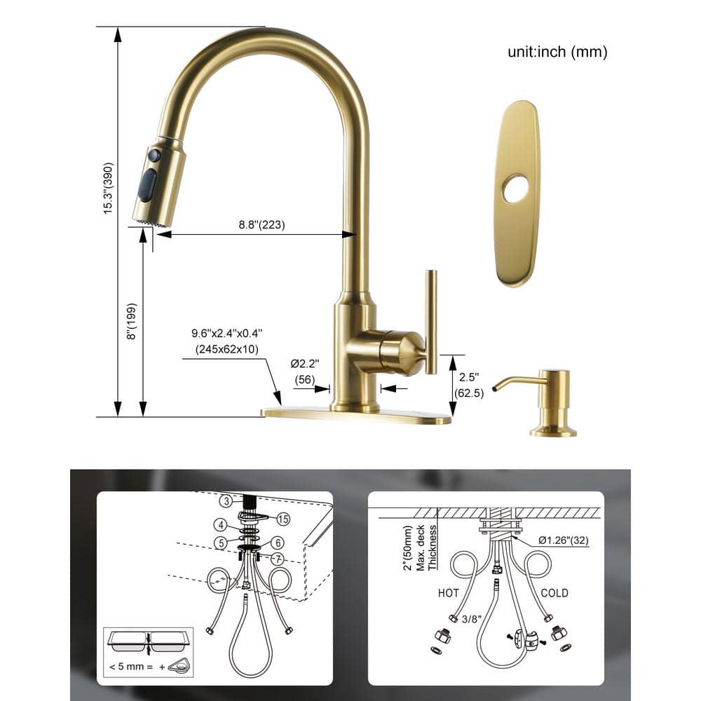 Gold Stainless Steel Pull Down Kitchen Faucet with Soap Dispenser