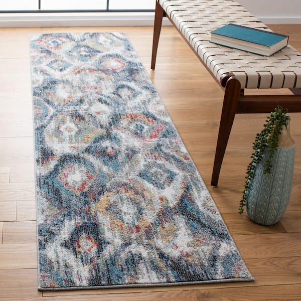 Phoenix 2 ft. x 10 ft. Ivory/Blue Distressed Diamond Runner Rug