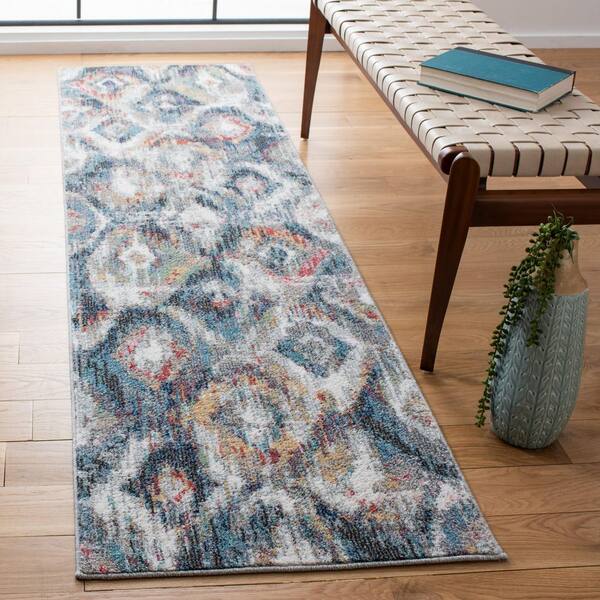 Phoenix 2 ft. x 8 ft. Ivory/Blue Distressed Diamond Runner Rug