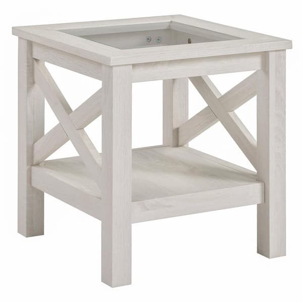 HOMCOM 17.75 in. White Oak Farmhouse End Table with Storage and Tempered Glass Top