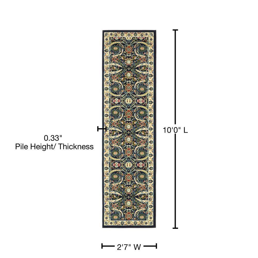 Navy Blue and Beige Floral Synthetic Runner Rug