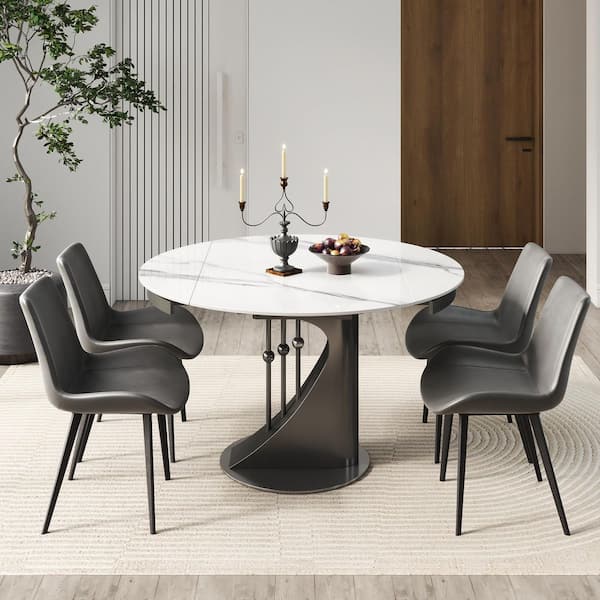 31 in. to 51 in. Round White Sintered Stone Extendable Dining Table with Gunmetal Gray Pedestal, Seats-6
