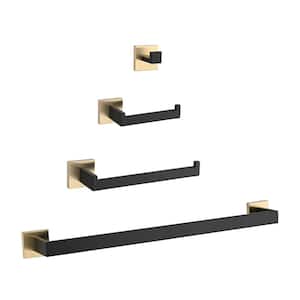 24 in. Wall Mounted Bath Hardware Set with 2 Towel Bars, Hook, Toilet Paper Holder in Gold&Matte Black (4-Pieces)