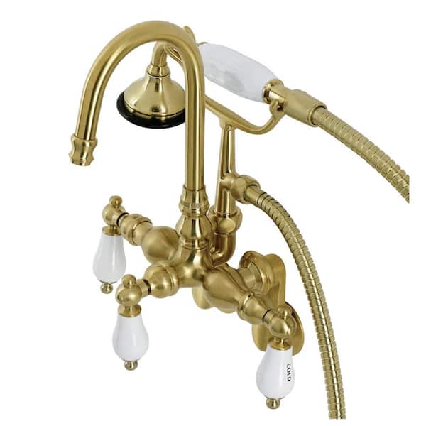Kingston Brass Aqua Vintage 3-Handle Wall Mount Claw Foot Tub Faucets in Brushed Brass