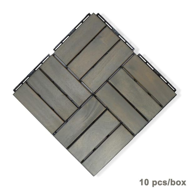 BTMWAY 1 ft. x 1 ft. Square Interlocking Acacia Wood Patio Deck Tiles Outdoor Checker Pattern Flooring Tiles Pack of 10 Tiles