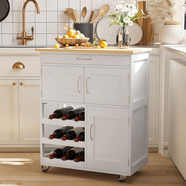 FAMYYT Rolling White Rubber Wood Top 26.5 in. Kitchen Island with Wine Rack