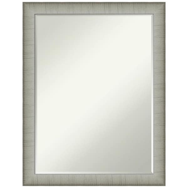 Amanti Art Elegant Brushed Pewter Narrow 21 in. x 27 in. Petite Bevel Modern Rectangle Framed Bathroom Wall Mirror in Silver