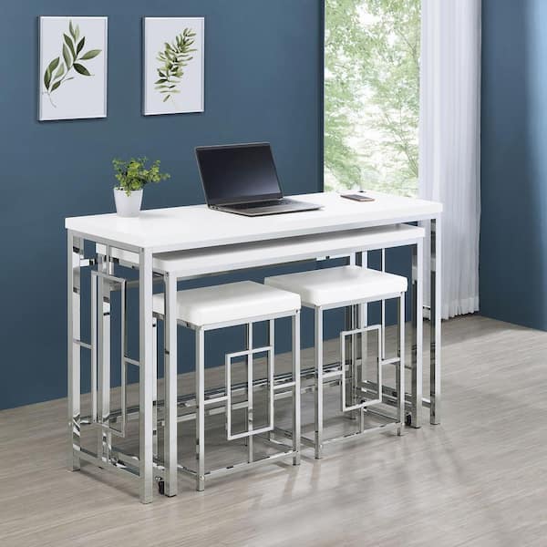 Coaster Jackson 4-Piece White and Chrome Wood Top Multipurpose Counter Height Table Set