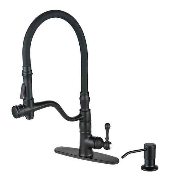 Single Handle Brass High Arc Pull Down Sprayer Kitchen Faucet with Deckplate and Soap Dispenser in Matte Black