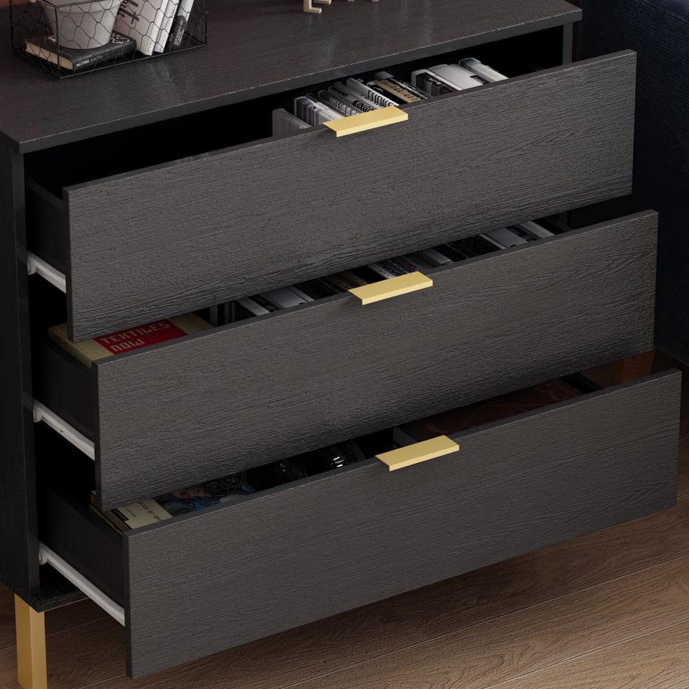 Black MDF Coastal 3-Drawer Chest with Gold Accents